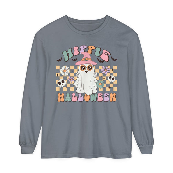 Hippie Halloween Long Sleeve T-Shirt - Retro Ghost Witch Peace Sign Graphic Tee