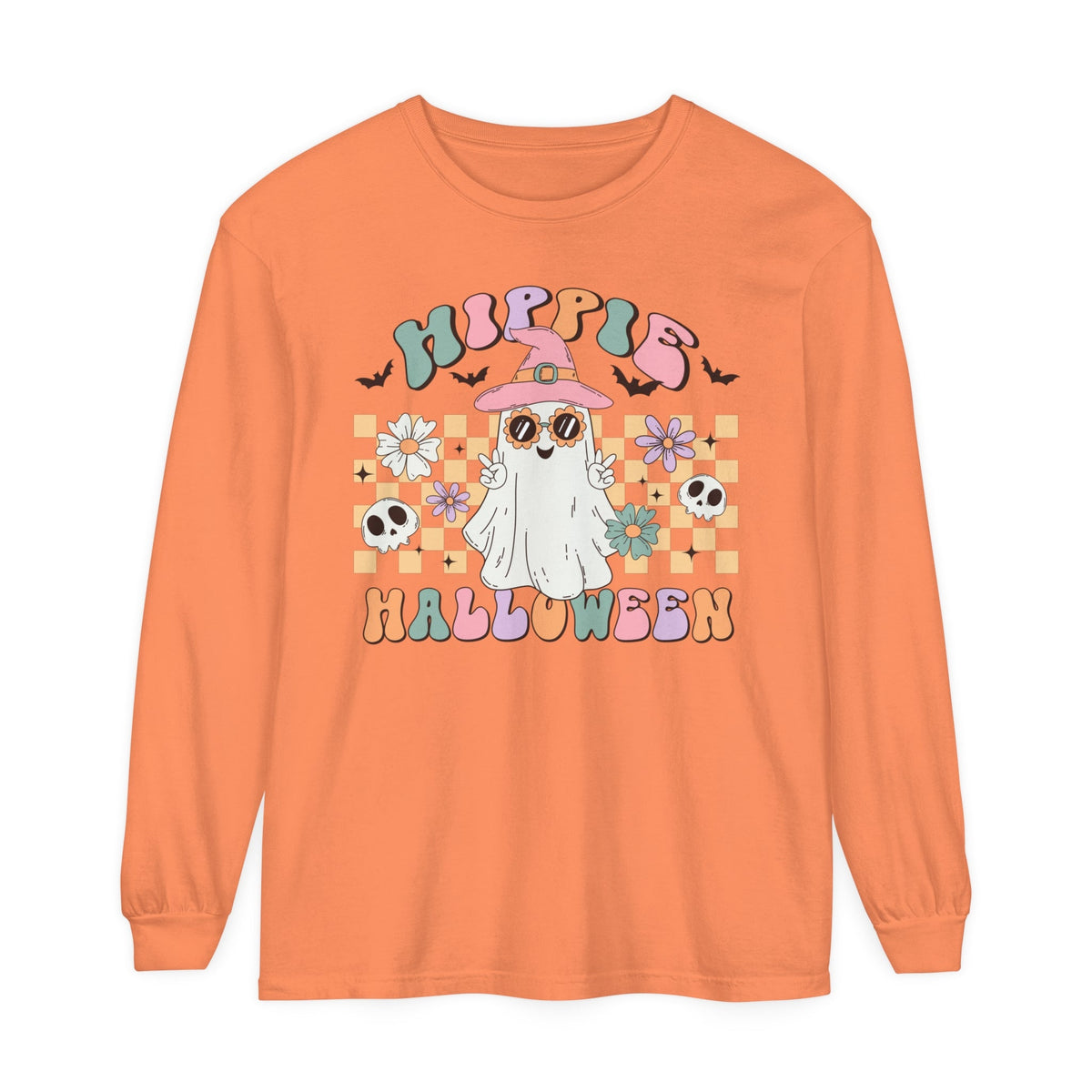 Hippie Halloween Long Sleeve T-Shirt - Retro Ghost Witch Peace Sign Graphic Tee