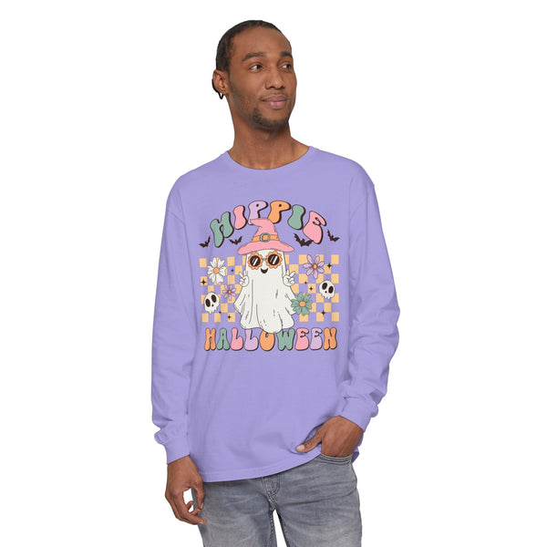 Hippie Halloween Long Sleeve T-Shirt - Retro Ghost Witch Peace Sign Graphic Tee