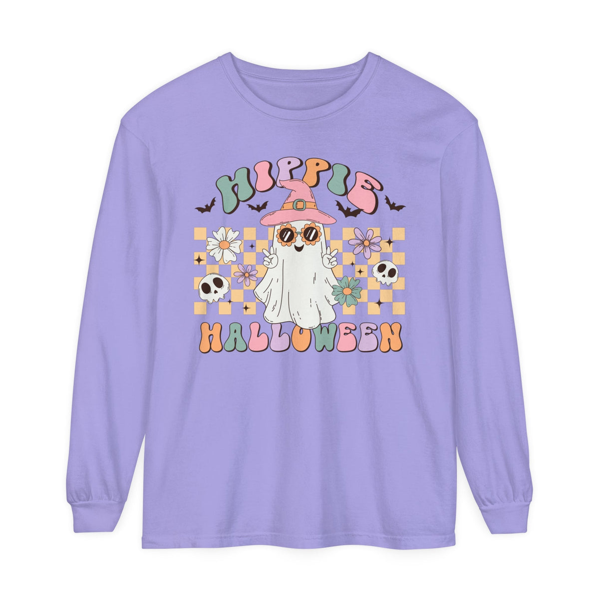 Hippie Halloween Long Sleeve T-Shirt - Retro Ghost Witch Peace Sign Graphic Tee