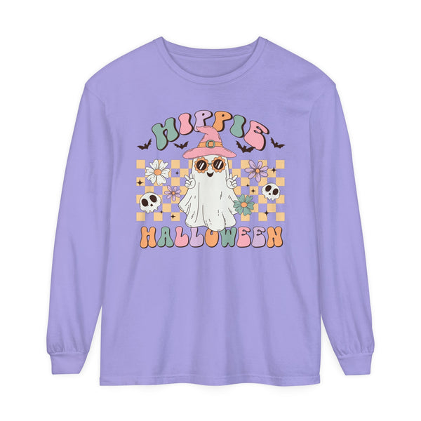 Hippie Halloween Long Sleeve T-Shirt - Retro Ghost Witch Peace Sign Graphic Tee