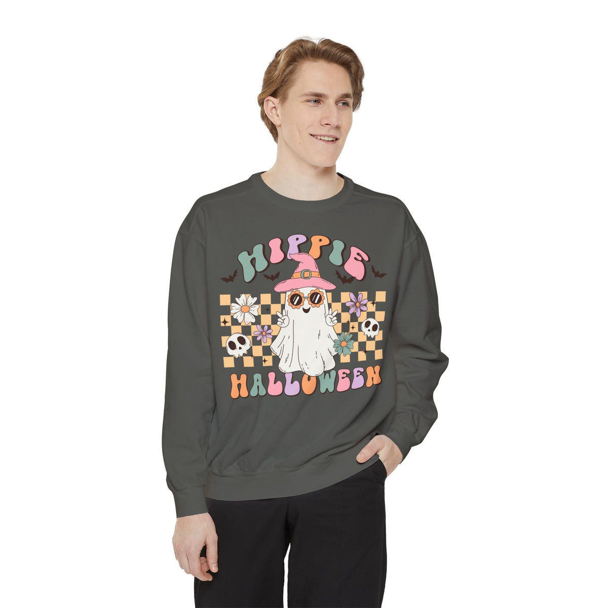 Hippie Halloween Sweatshirt - Retro Ghost Witch Peace Sign Graphic Sweater