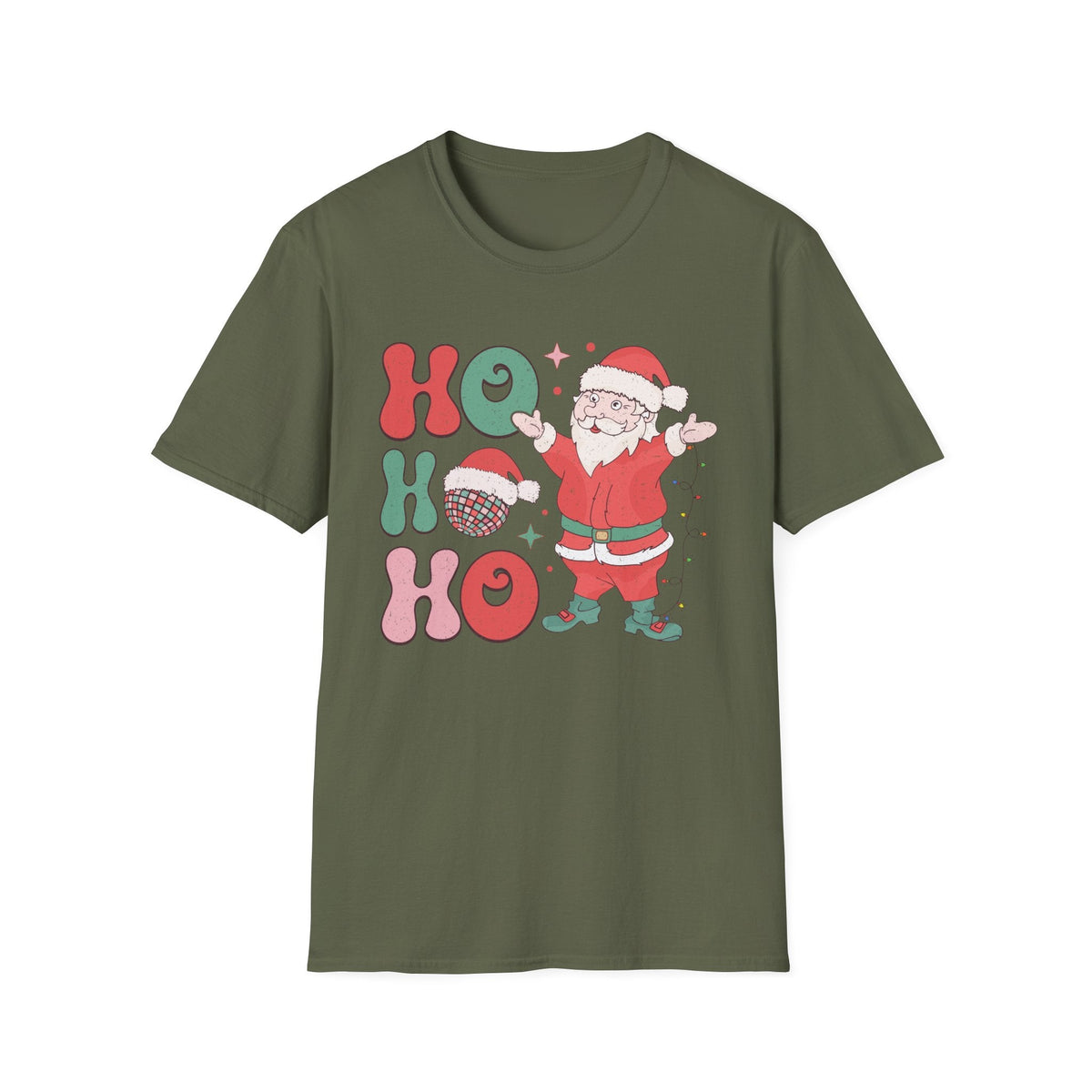 Ho Ho Ho Christmas Graphic Tee - Santa, Disco Ball, and Christmas Spirit