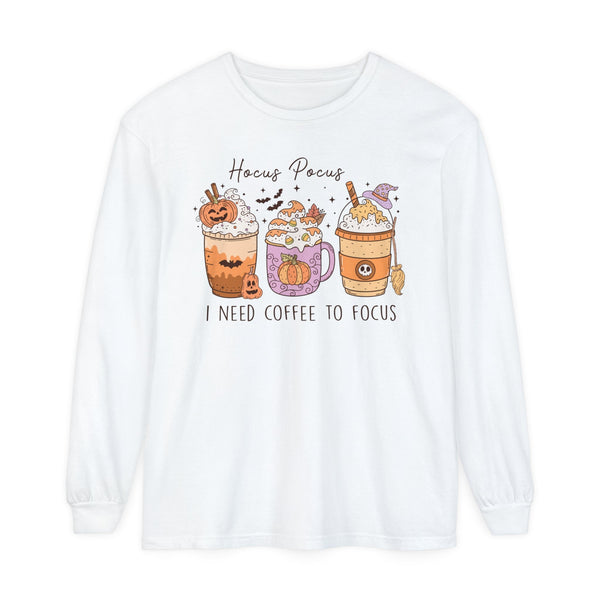 Hocus Pocus I Need Coffee to Focus Halloween Long Sleeve T-Shirt - Witchy Coffee Drinks Graphic Tee