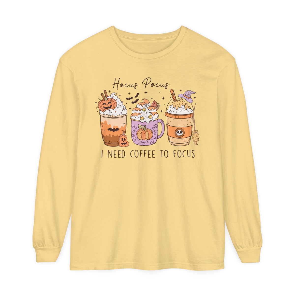 Hocus Pocus I Need Coffee to Focus Halloween Long Sleeve T-Shirt - Witchy Coffee Drinks Graphic Tee