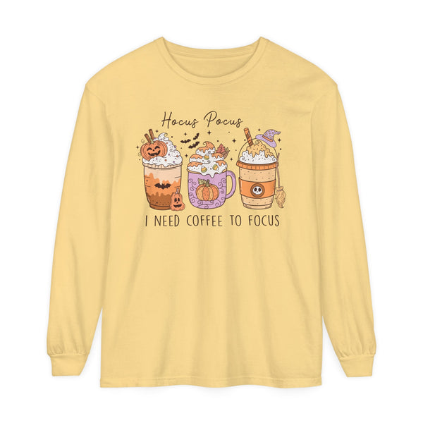 Hocus Pocus I Need Coffee to Focus Halloween Long Sleeve T-Shirt - Witchy Coffee Drinks Graphic Tee