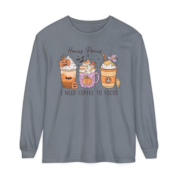 Hocus Pocus I Need Coffee to Focus Halloween Long Sleeve T-Shirt - Witchy Coffee Drinks Graphic Tee