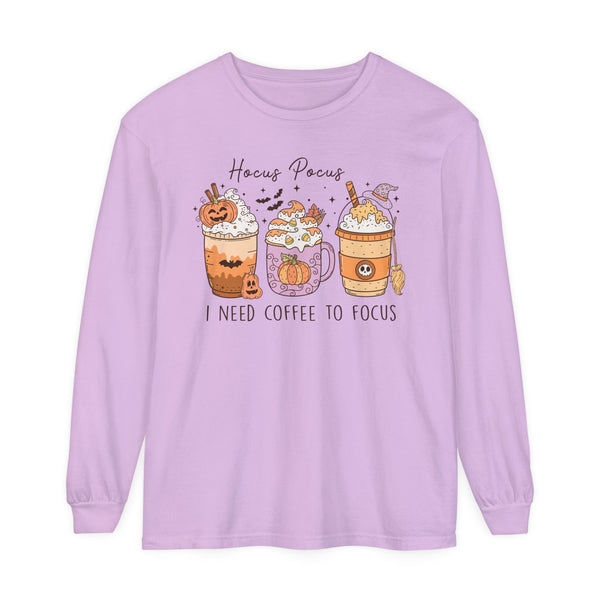 Hocus Pocus I Need Coffee to Focus Halloween Long Sleeve T-Shirt - Witchy Coffee Drinks Graphic Tee