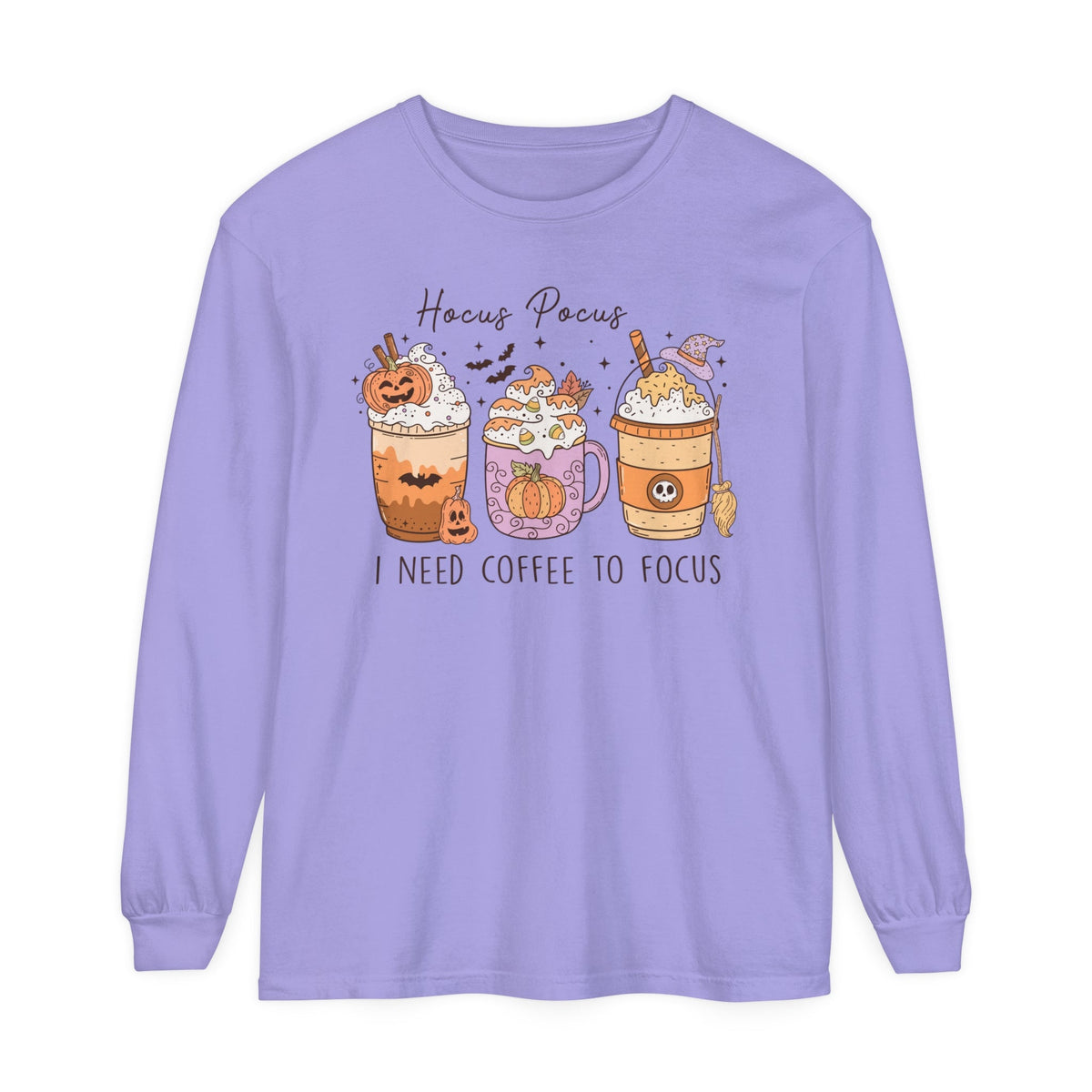 Hocus Pocus I Need Coffee to Focus Halloween Long Sleeve T-Shirt - Witchy Coffee Drinks Graphic Tee