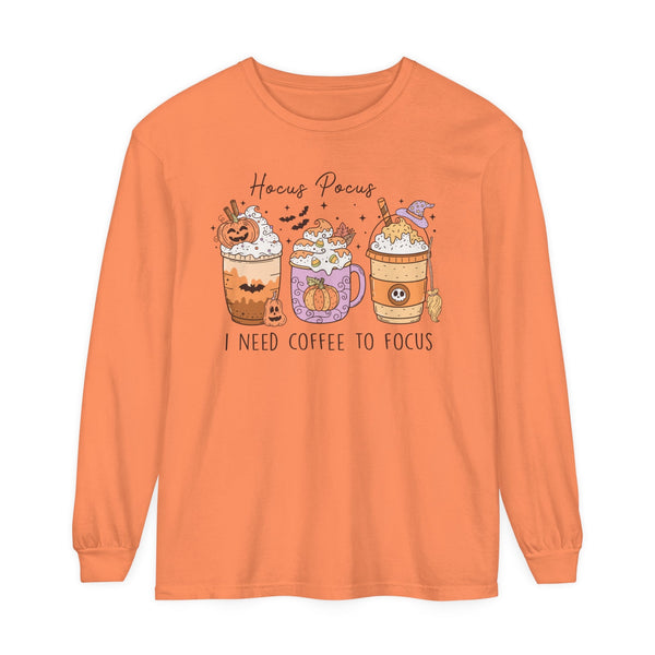 Hocus Pocus I Need Coffee to Focus Halloween Long Sleeve T-Shirt - Witchy Coffee Drinks Graphic Tee