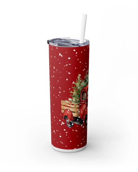 Holiday Christmas Tumbler Red Truck With Snow And Christmas Tree 20Oz Skinny