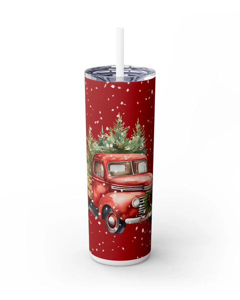 Holiday Christmas Tumbler Red Truck With Snow And Christmas Tree 20Oz Skinny