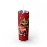 Holiday Tumbler - Christmas Red Truck with Snowflakes and Poinsettias, Winter Holiday Gift