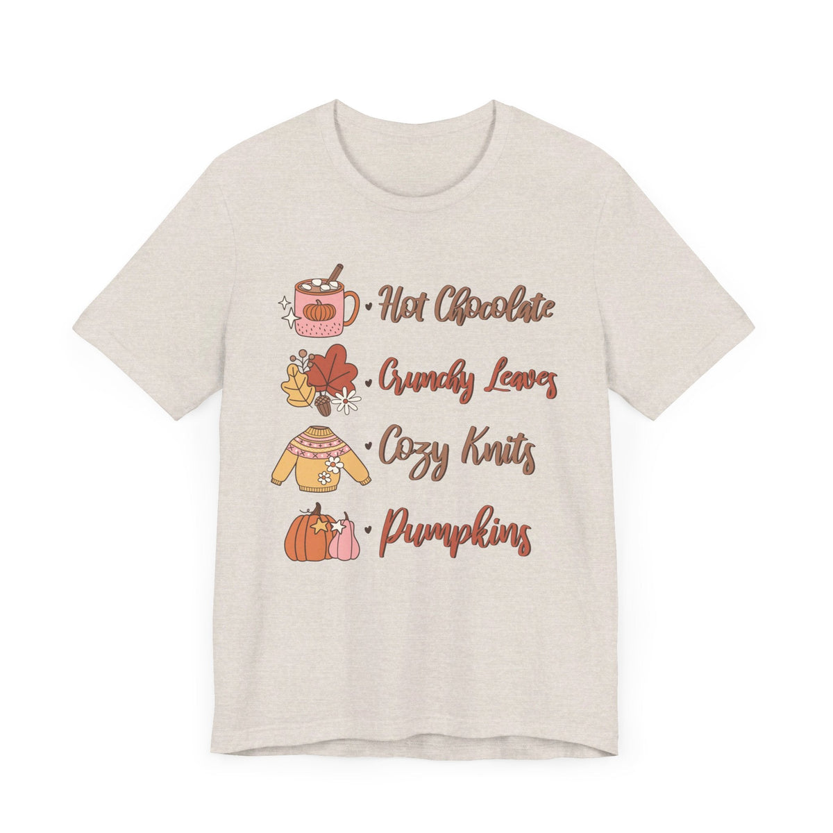 Hot Chocolate, Crunchy Leaves, Cozy Knits, and Pumpkins T-Shirt - Fall Favorites Graphic Tee for Autumn Lovers