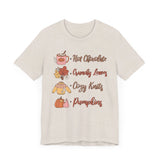 Hot Chocolate, Crunchy Leaves, Cozy Knits, and Pumpkins T-Shirt - Fall Favorites Graphic Tee for Autumn Lovers