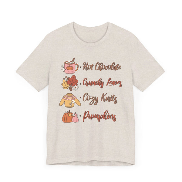 Hot Chocolate, Crunchy Leaves, Cozy Knits, and Pumpkins T-Shirt - Fall Favorites Graphic Tee for Autumn Lovers