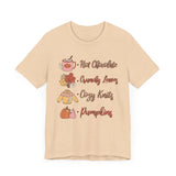 Hot Chocolate, Crunchy Leaves, Cozy Knits, and Pumpkins T-Shirt - Fall Favorites Graphic Tee for Autumn Lovers