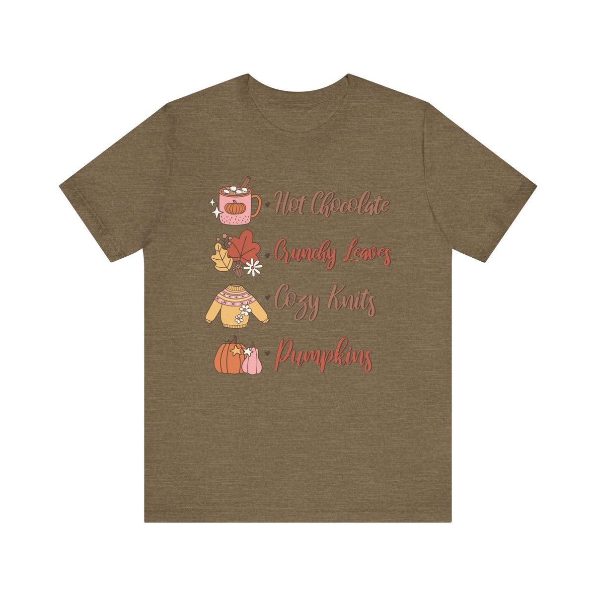 Hot Chocolate, Crunchy Leaves, Cozy Knits, and Pumpkins T-Shirt - Fall Favorites Graphic Tee for Autumn Lovers