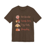 Hot Chocolate, Crunchy Leaves, Cozy Knits, and Pumpkins T-Shirt - Fall Favorites Graphic Tee for Autumn Lovers