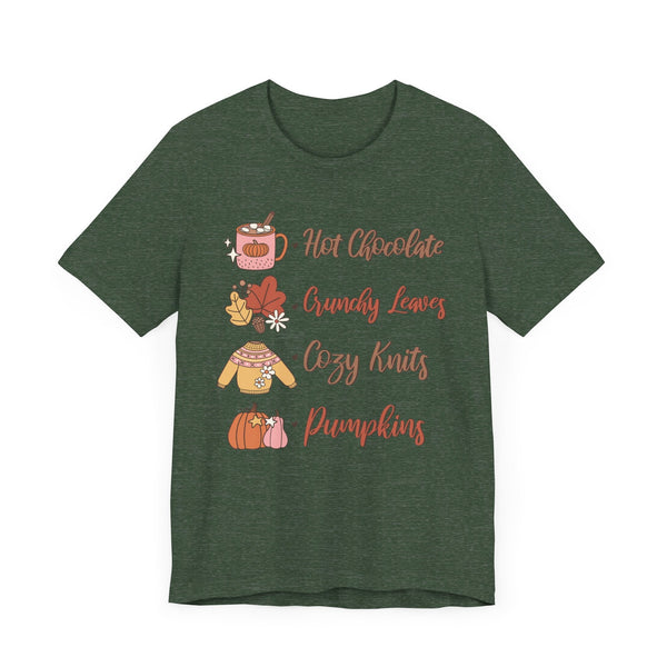 Hot Chocolate, Crunchy Leaves, Cozy Knits, and Pumpkins T-Shirt - Fall Favorites Graphic Tee for Autumn Lovers