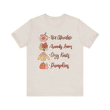 Hot Chocolate, Crunchy Leaves, Cozy Knits, and Pumpkins T-Shirt - Fall Favorites Graphic Tee for Autumn Lovers