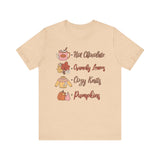 Hot Chocolate, Crunchy Leaves, Cozy Knits, and Pumpkins T-Shirt - Fall Favorites Graphic Tee for Autumn Lovers