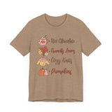 Hot Chocolate, Crunchy Leaves, Cozy Knits, and Pumpkins T-Shirt - Fall Favorites Graphic Tee for Autumn Lovers