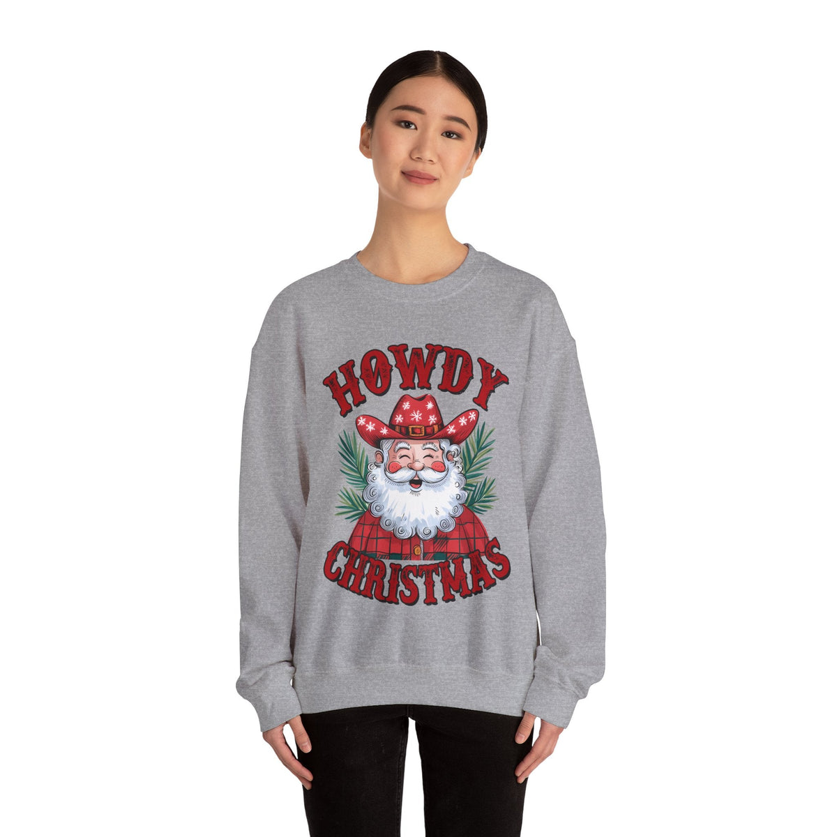 Howdy Christmas Sweatshirt – Fun Cowboy Santa Graphic Sweatshirt – Festive Holiday Sweatshirt for Women – Cozy Christmas