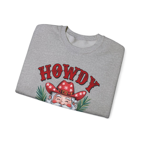 Howdy Christmas Sweatshirt – Fun Cowboy Santa Graphic Sweatshirt – Festive Holiday Sweatshirt for Women – Cozy Christmas