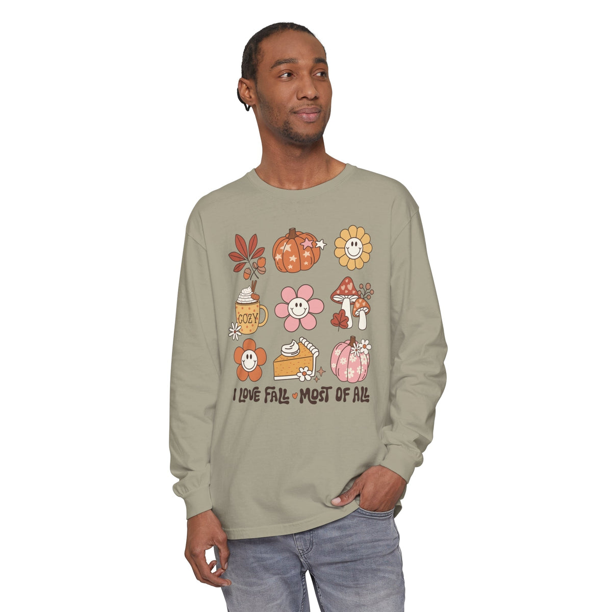 I Love Fall Most of All Long Sleeve T-Shirt - Cozy Autumn Graphic Tee - Retro Fall Icons Shirt - Cute Fall Season Top -