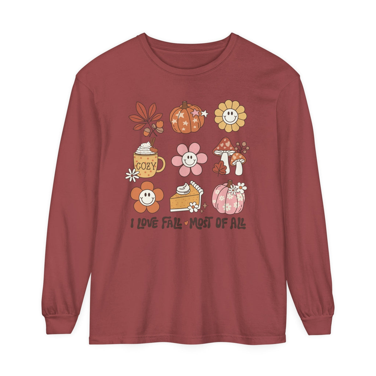 I Love Fall Most of All Long Sleeve T-Shirt - Cozy Autumn Graphic Tee - Retro Fall Icons Shirt - Cute Fall Season Top -