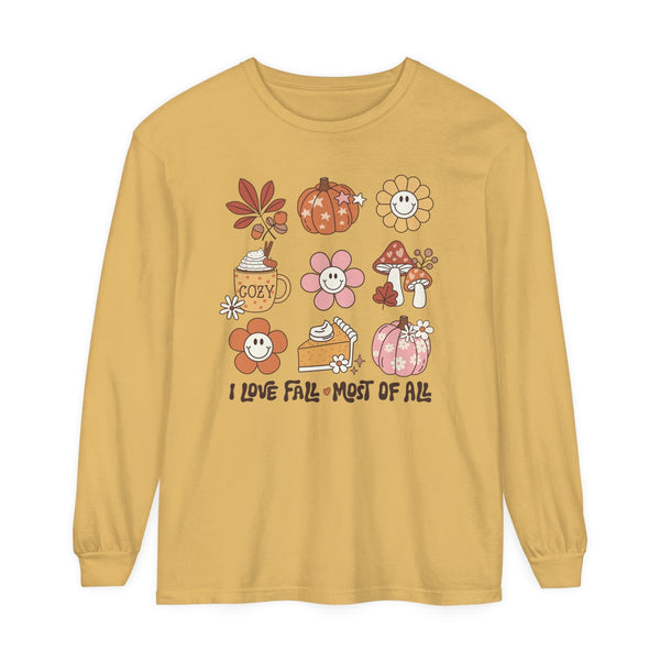 I Love Fall Most of All Long Sleeve T-Shirt - Cozy Autumn Graphic Tee - Retro Fall Icons Shirt - Cute Fall Season Top -