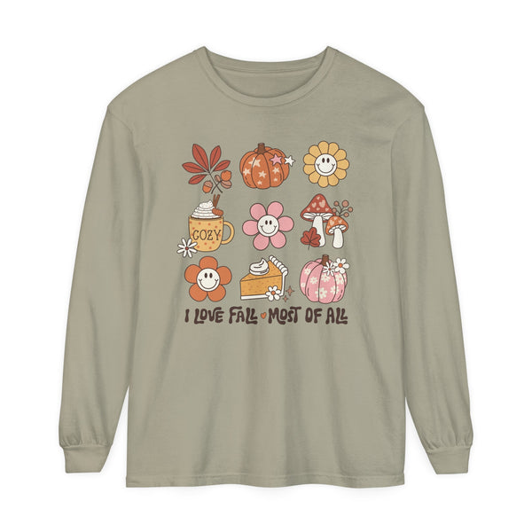 I Love Fall Most of All Long Sleeve T-Shirt - Cozy Autumn Graphic Tee - Retro Fall Icons Shirt - Cute Fall Season Top -