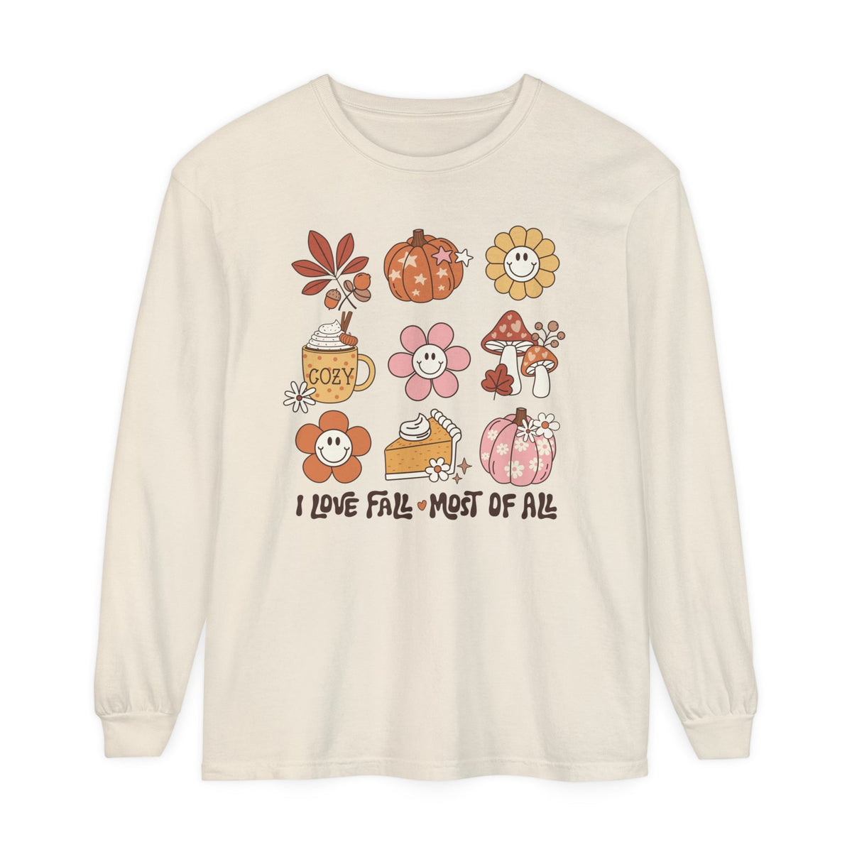 I Love Fall Most of All Long Sleeve T-Shirt - Cozy Autumn Graphic Tee - Retro Fall Icons Shirt - Cute Fall Season Top -