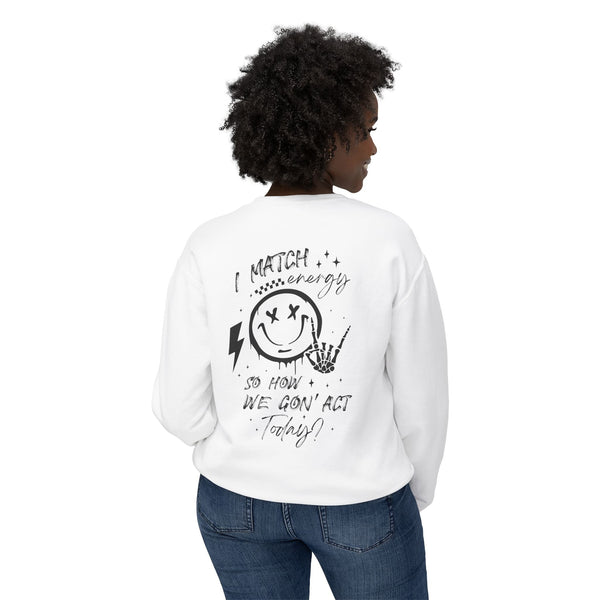 I Match Energy Sweatshirt - Cool Skeleton Hand and Smiley Graphic Pullover