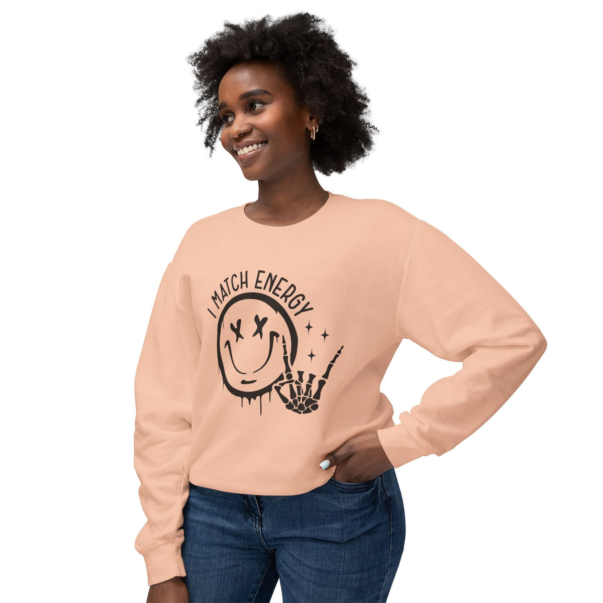 I Match Energy Sweatshirt - Cool Skeleton Hand and Smiley Graphic Pullover