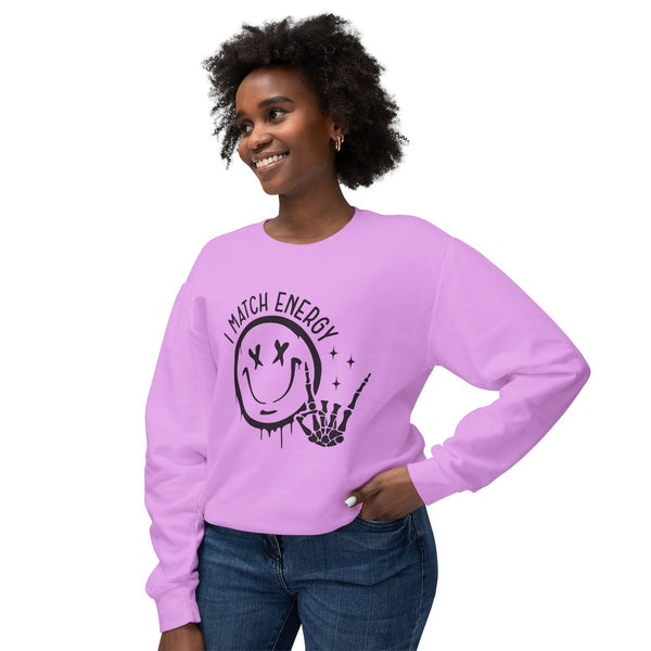 I Match Energy Sweatshirt - Cool Skeleton Hand and Smiley Graphic Pullover