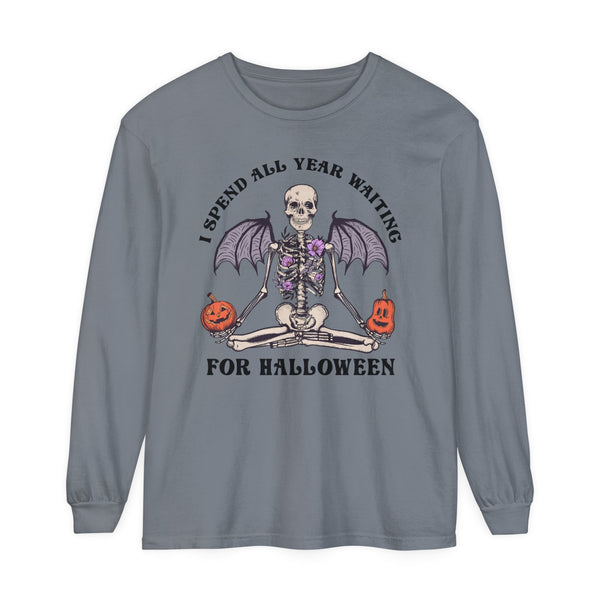 I Spend All Year Waiting For Halloween - Skeleton Meditation Long Sleeve T-Shirt