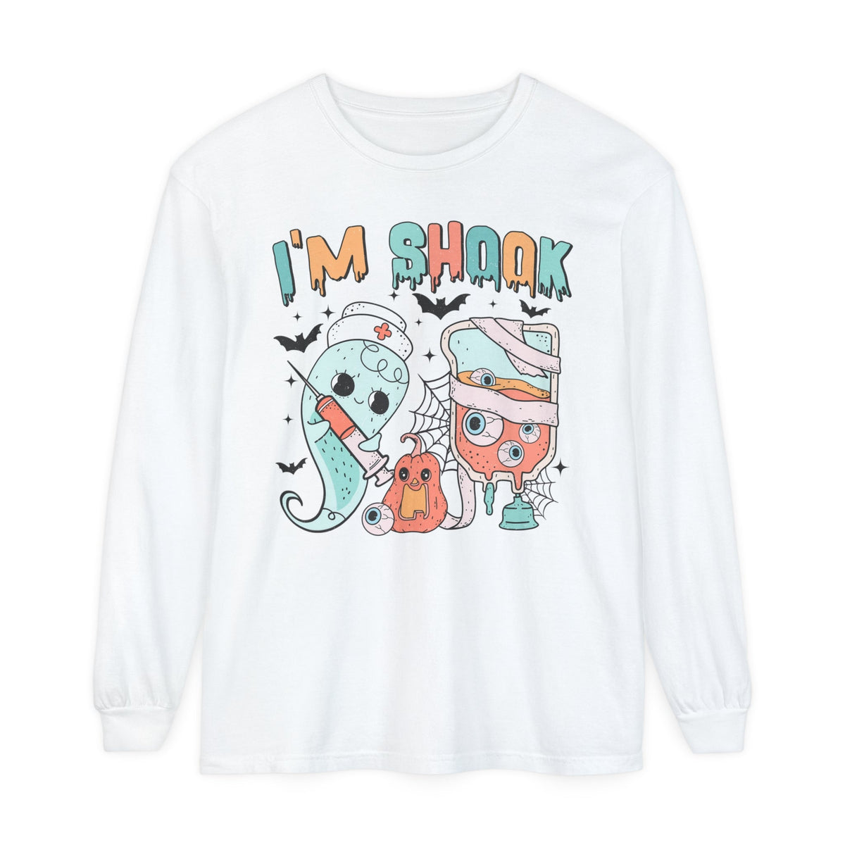 I’m Shook Nurse Halloween Long Sleeve T-Long Sleeve T-Shirt - Creepy Ghost and Medical IV Bag Tee