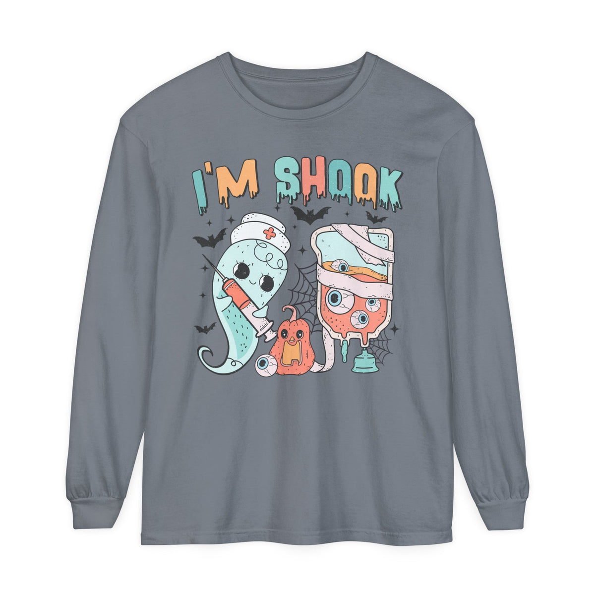 I’m Shook Nurse Halloween Long Sleeve T-Long Sleeve T-Shirt - Creepy Ghost and Medical IV Bag Tee