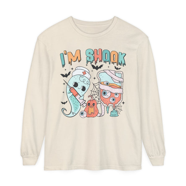 I’m Shook Nurse Halloween Long Sleeve T-Long Sleeve T-Shirt - Creepy Ghost and Medical IV Bag Tee