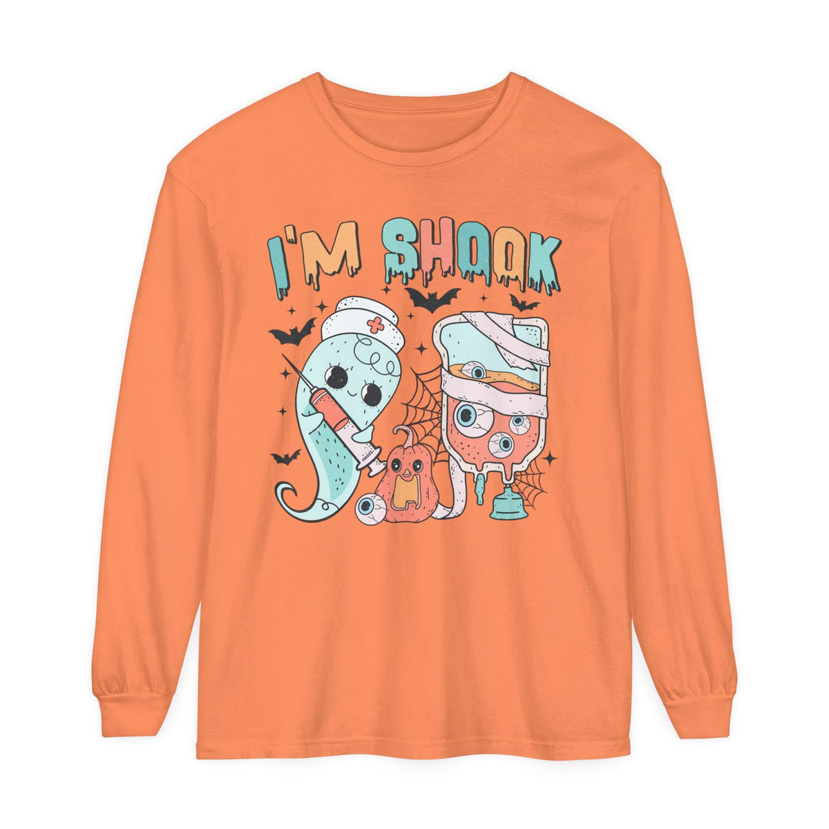 I’m Shook Nurse Halloween Long Sleeve T-Long Sleeve T-Shirt - Creepy Ghost and Medical IV Bag Tee