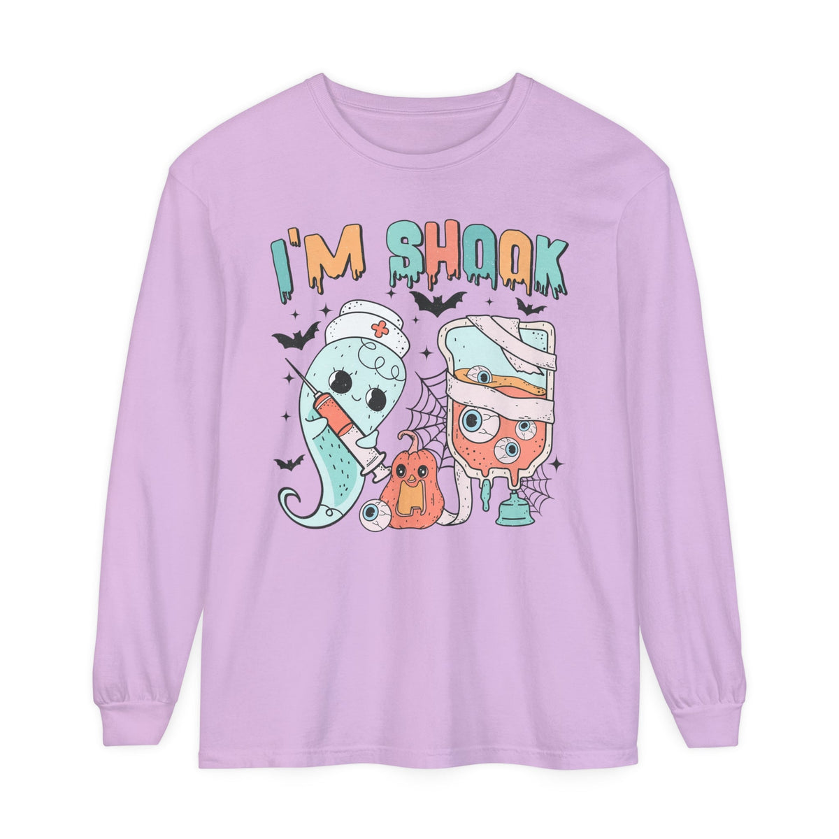 I’m Shook Nurse Halloween Long Sleeve T-Long Sleeve T-Shirt - Creepy Ghost and Medical IV Bag Tee