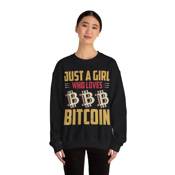 Just a Girl Who Loves Bitcoin Crypto Crewneck Sweatshirt – Cryptocurrency Shirt for Enthusiasts, Traders, and Meme Lovers