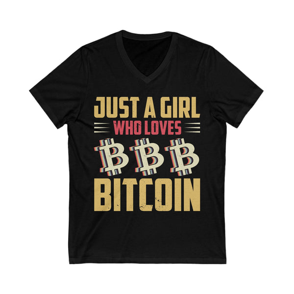 Just a Girl Who Loves Bitcoin Crypto V-Neck – Cryptocurrency Shirt for Enthusiasts, Traders, and Meme Lovers