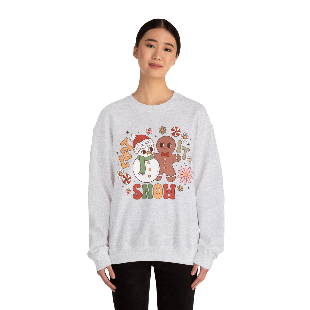 Let It Snow Crewneck Sweatshirt - Cute Snowman and Gingerbread Christmas Sweater - Winter Fun