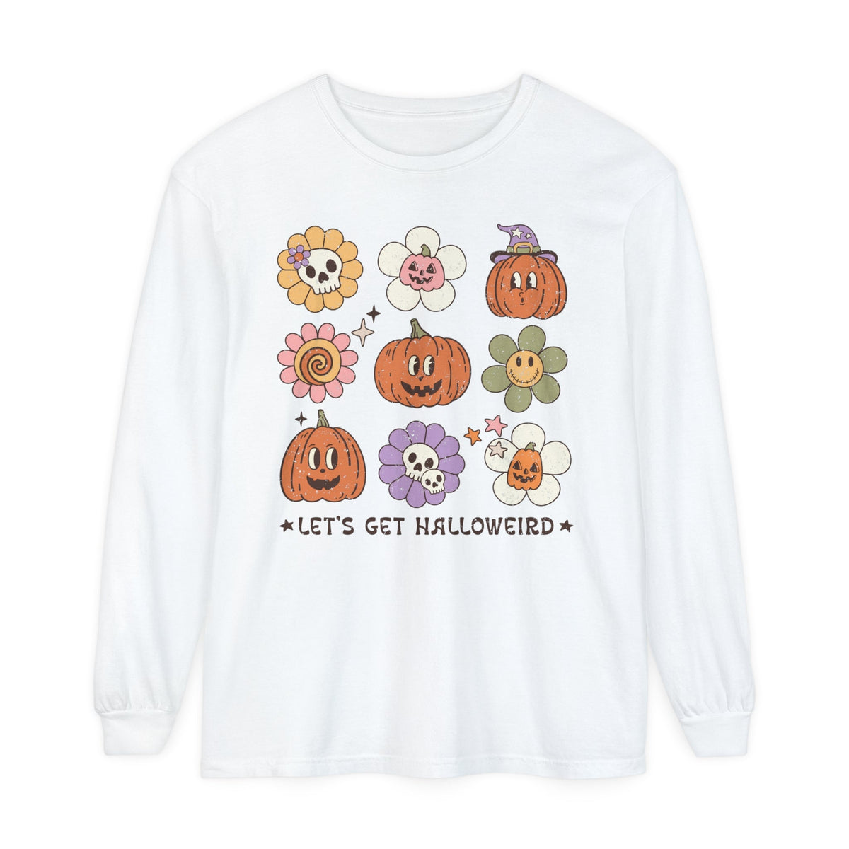 Let's Get Halloweird Halloween Long Sleeve T-Shirt - Cute Pumpkins and Flowers Graphic Tee