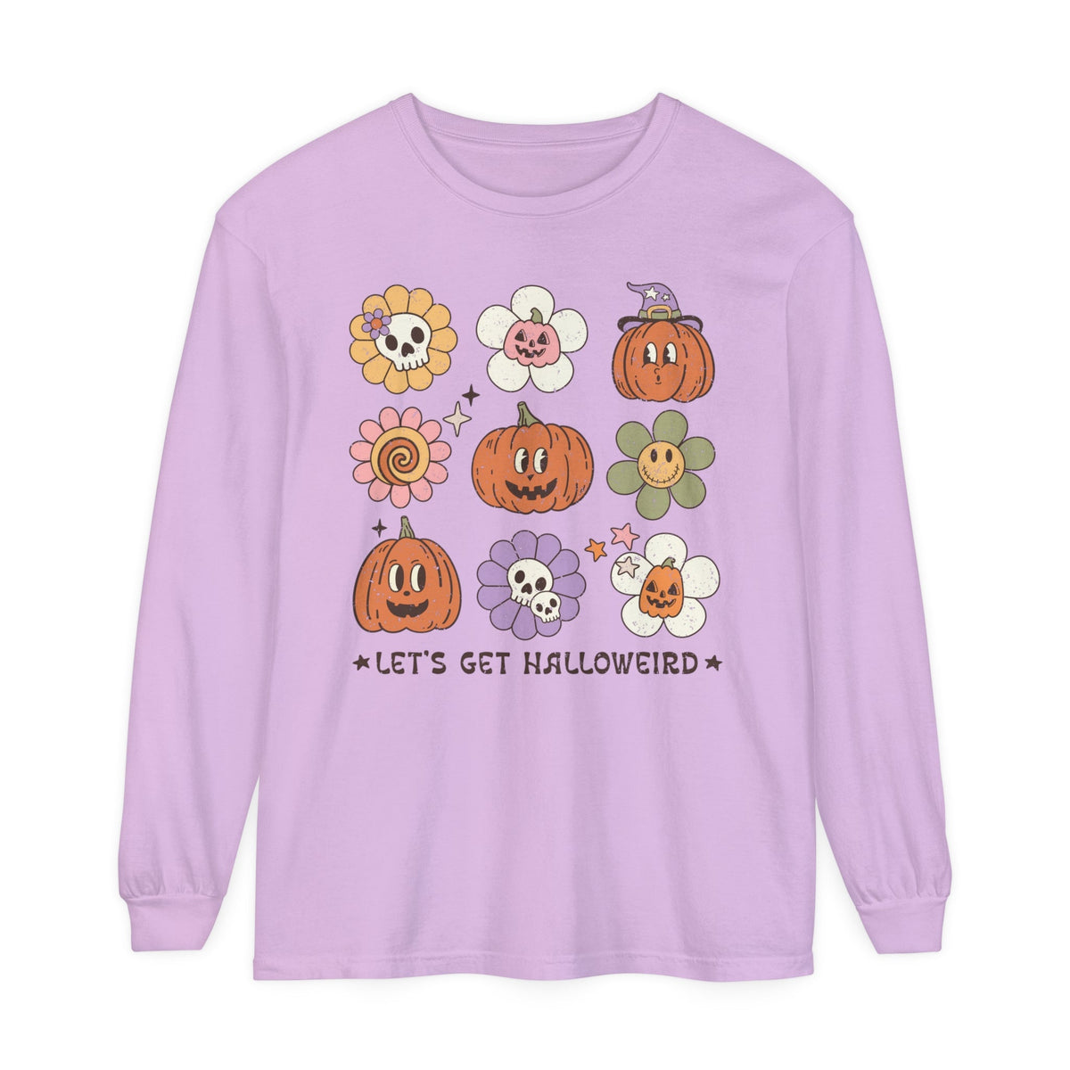 Let's Get Halloweird Halloween Long Sleeve T-Shirt - Cute Pumpkins and Flowers Graphic Tee