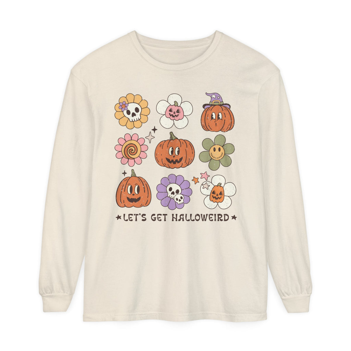 Let's Get Halloweird Halloween Long Sleeve T-Shirt - Cute Pumpkins and Flowers Graphic Tee