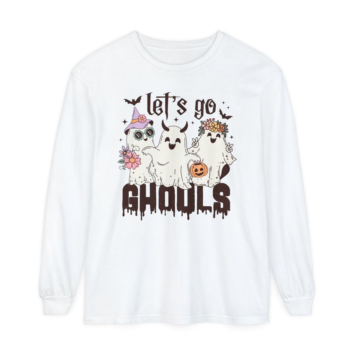 Let's Go Ghouls Halloween Long Sleeve T-Shirt - Retro Ghost Friends Graphic Tee